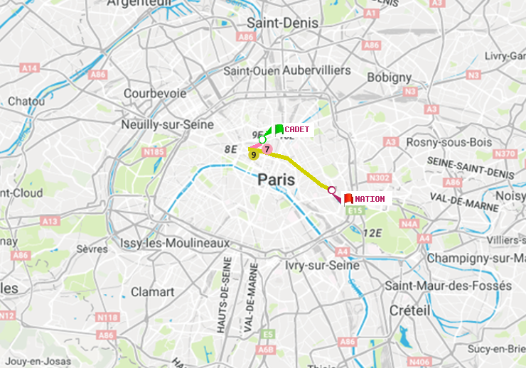 plan itinéraire ratp de Cadet à Nation