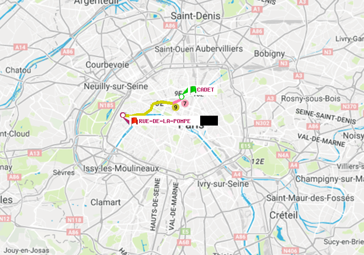 plan itinéraire ratp de Cadet à Rue de la Pompe (Avenue Georges Mandel)