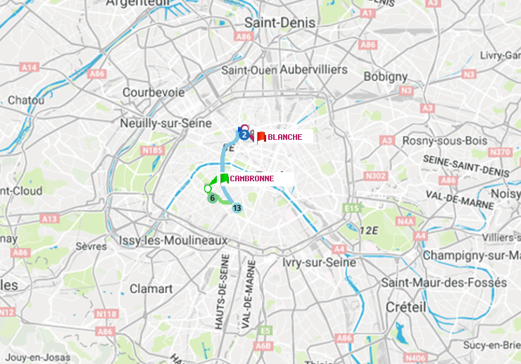 plan itinéraire ratp de Cambronne à Blanche