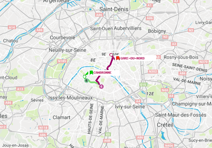 plan itinéraire ratp de Cambronne à Gare du Nord