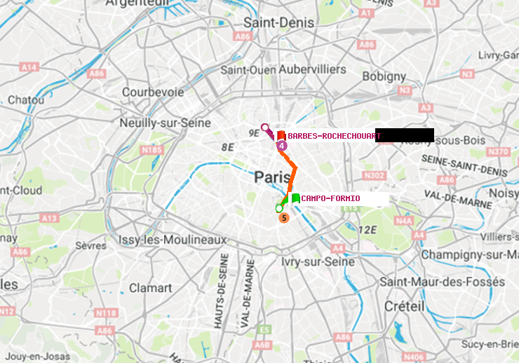 plan itinéraire ratp de Campo-Formio à Barbès-Rochechouart