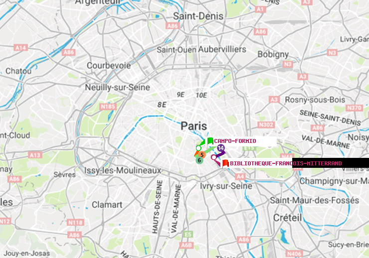plan itinéraire ratp de Campo-Formio à Bibliotheque-Francois Mitterrand