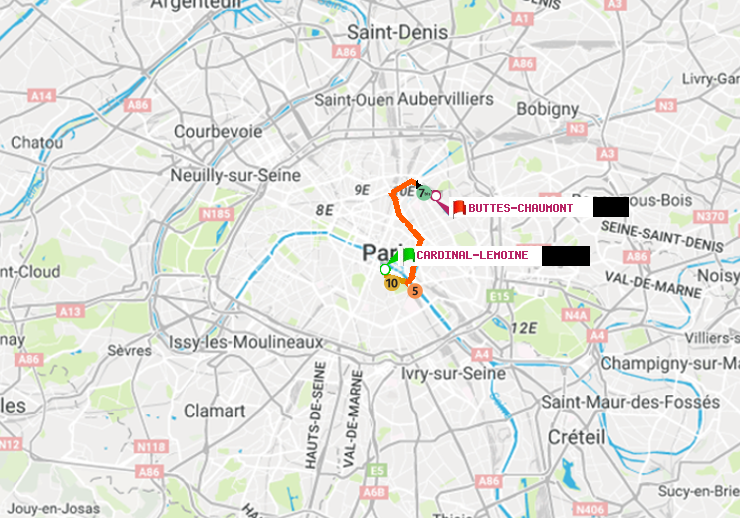 plan itinéraire ratp de Cardinal-Lemoine à Buttes-Chaumont