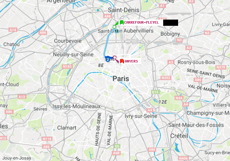 plan itinéraire ratp de Carrefour-Pleyel à Anvers