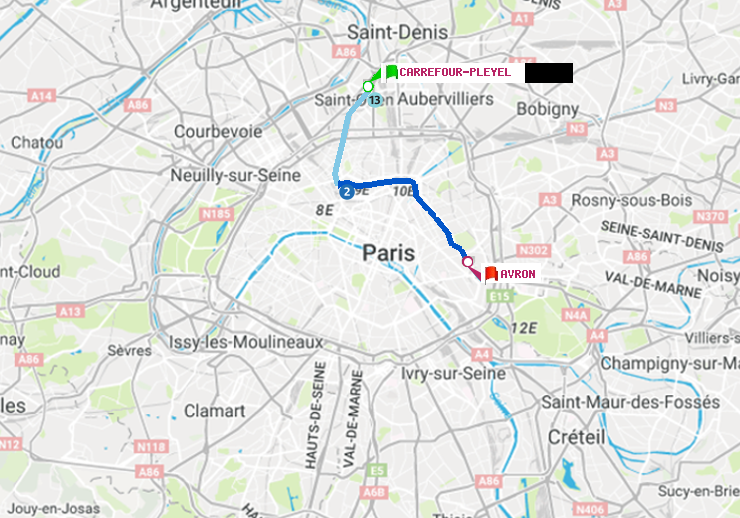 plan itinéraire ratp de Carrefour-Pleyel à Avron