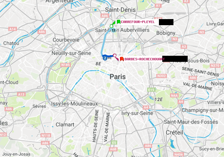 plan itinéraire ratp de Carrefour-Pleyel à Barbès-Rochechouart
