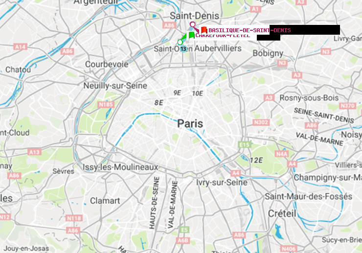 plan itinéraire ratp de Carrefour-Pleyel à Basilique de Saint-Denis