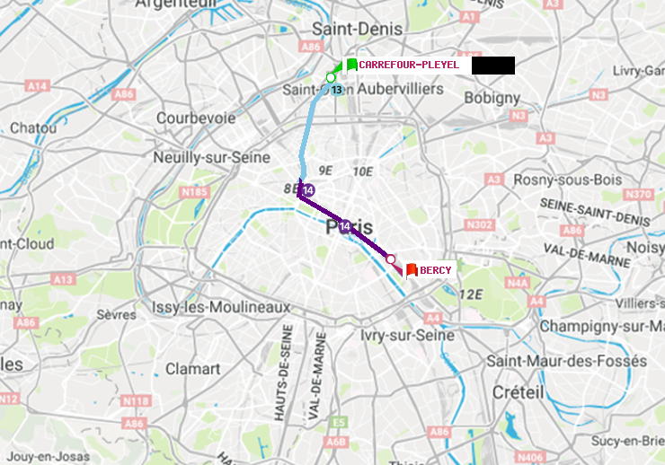 plan itinéraire ratp de Carrefour-Pleyel à Bercy