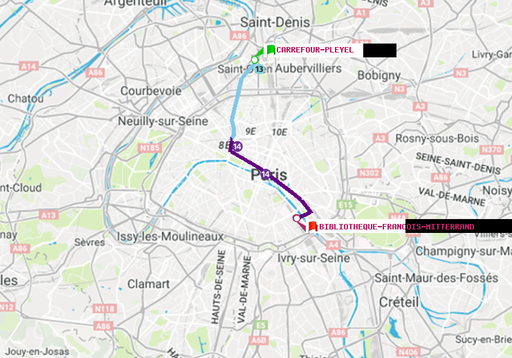plan itinéraire ratp de Carrefour-Pleyel à Bibliotheque-Francois Mitterrand