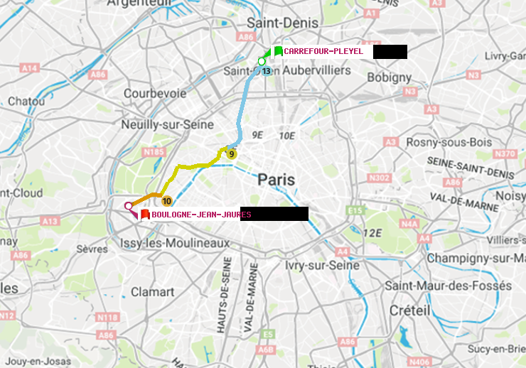 plan itinéraire ratp de Carrefour-Pleyel à Boulogne-Jean-Jaurès