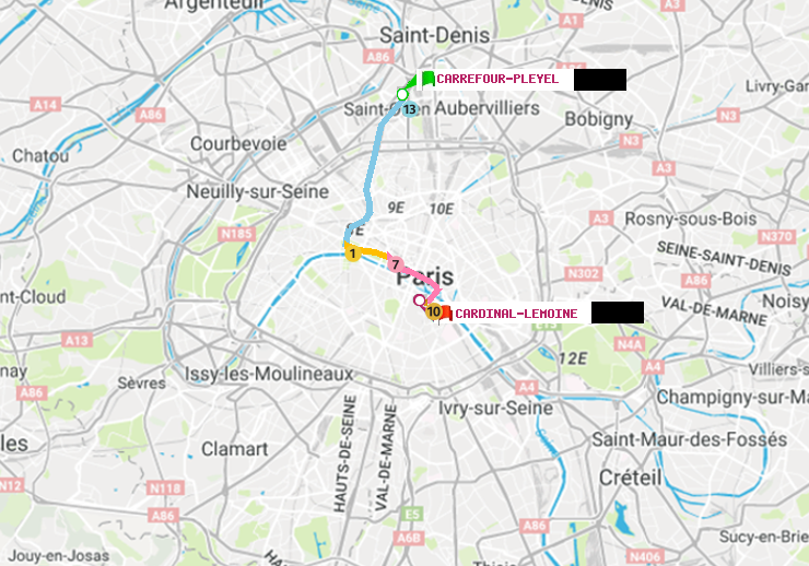 plan itinéraire ratp de Carrefour-Pleyel à Cardinal-Lemoine