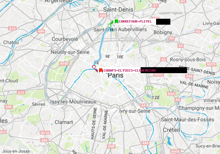plan itinéraire ratp de Carrefour-Pleyel à Champs-Elysées-Clémenceau