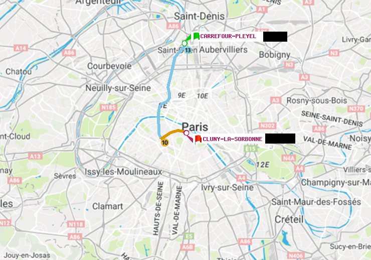 plan itinéraire ratp de Carrefour-Pleyel à Cluny-La Sorbonne
