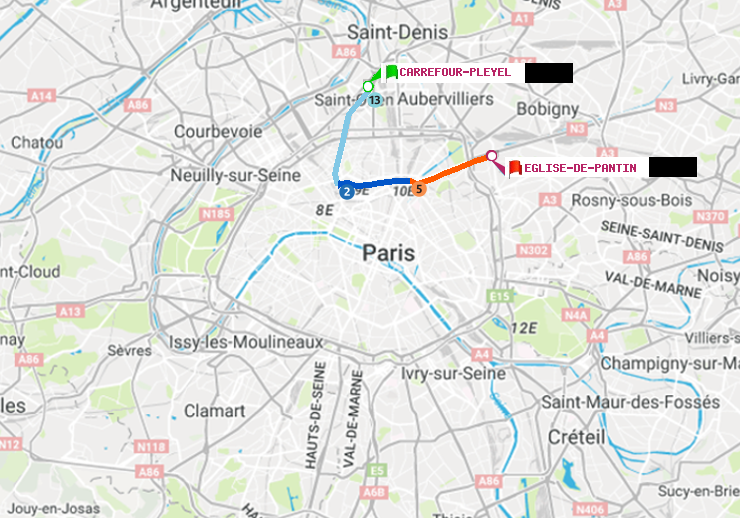 plan itinéraire ratp de Carrefour-Pleyel à Eglise de Pantin