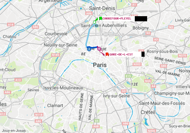plan itinéraire ratp de Carrefour-Pleyel à Gare de l