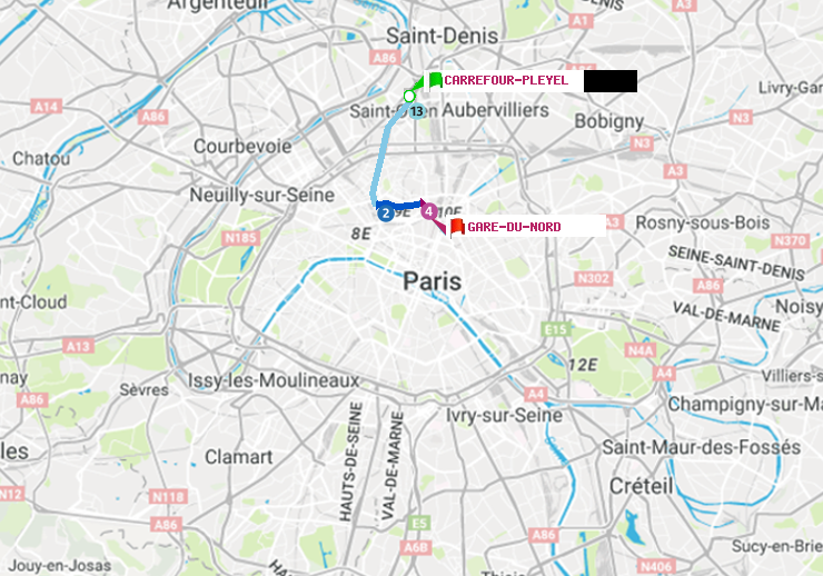 plan itinéraire ratp de Carrefour-Pleyel à Gare du Nord