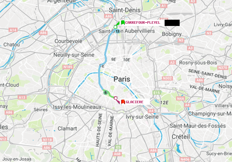 plan itinéraire ratp de Carrefour-Pleyel à Glacière