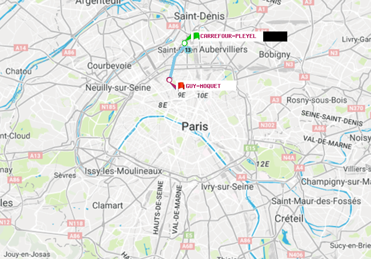 plan itinéraire ratp de Carrefour-Pleyel à Guy-Môquet