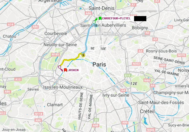 plan itinéraire ratp de Carrefour-Pleyel à Jasmin