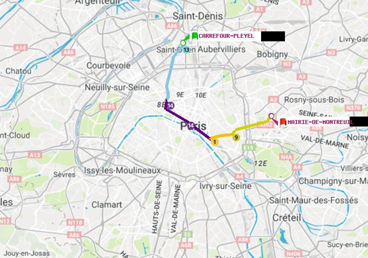plan itinéraire ratp de Carrefour-Pleyel à Mairie de Montreuil