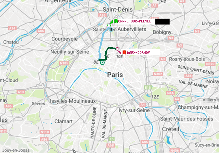 plan itinéraire ratp de Carrefour-Pleyel à Marx-Dormoy