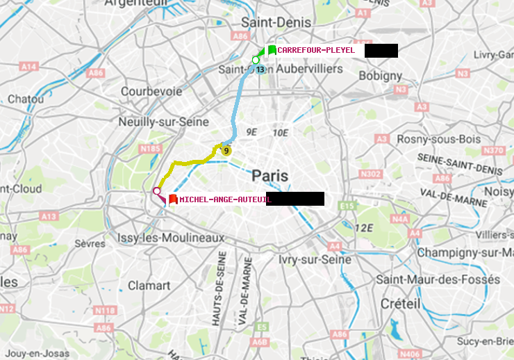 plan itinéraire ratp de Carrefour-Pleyel à Michel-Ange-Auteuil