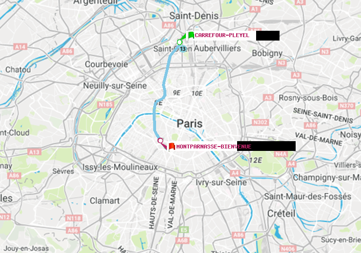 plan itinéraire ratp de Carrefour-Pleyel à Montparnasse-Bienvenue