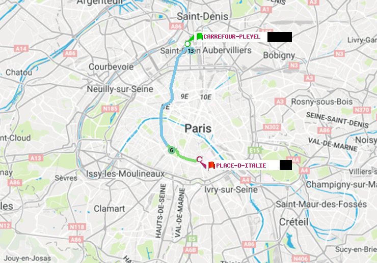 plan itinéraire ratp de Carrefour-Pleyel à Place d