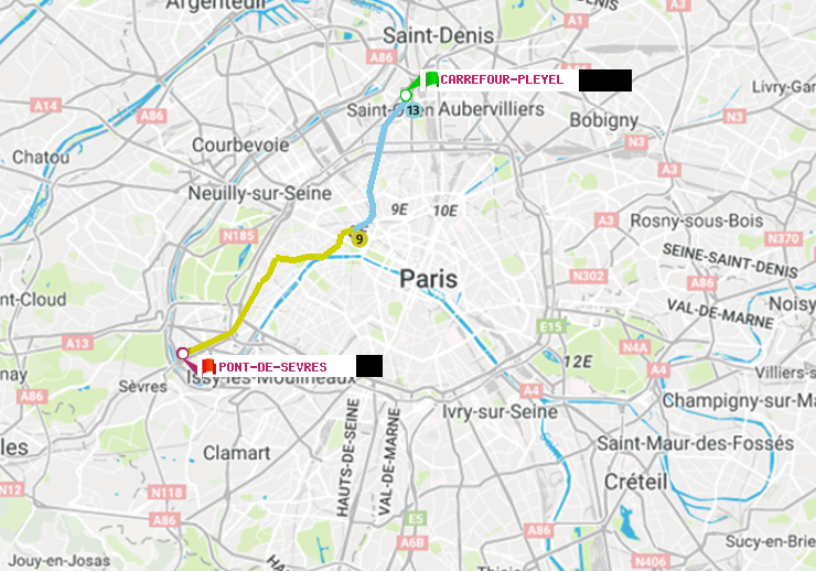 plan itinéraire ratp de Carrefour-Pleyel à Pont de Sèvres