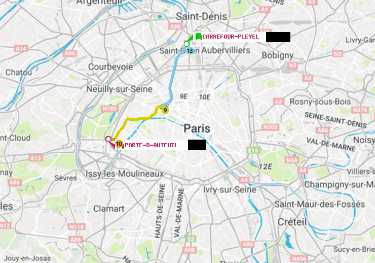 plan itinéraire ratp de Carrefour-Pleyel à Porte d
