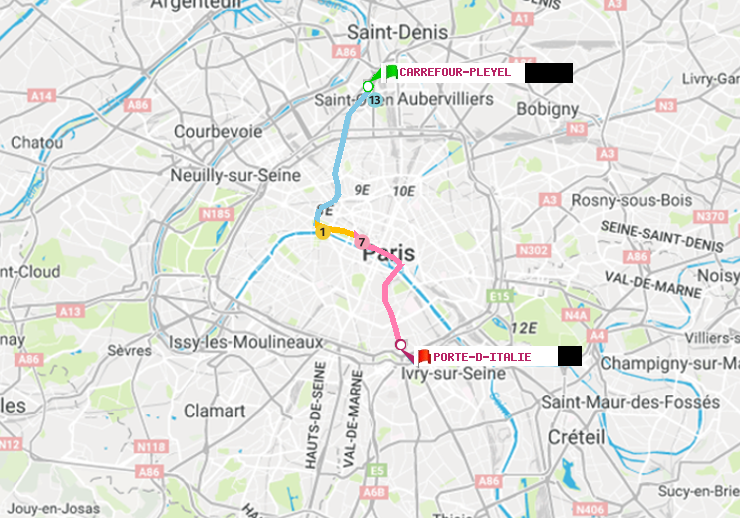 plan itinéraire ratp de Carrefour-Pleyel à Porte d