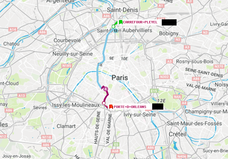plan itinéraire ratp de Carrefour-Pleyel à Porte d