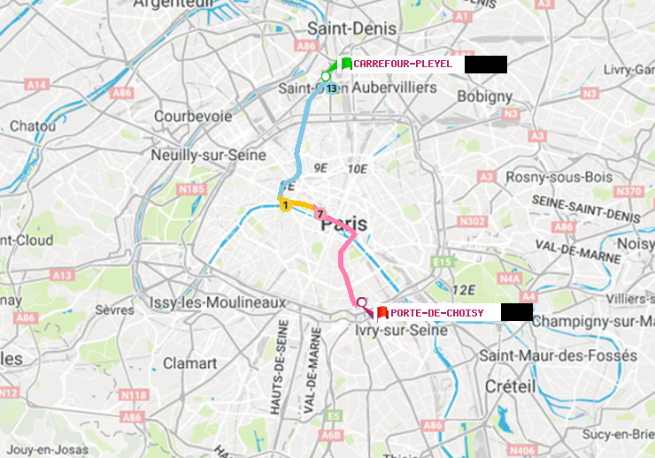 plan itinéraire ratp de Carrefour-Pleyel à Porte de Choisy