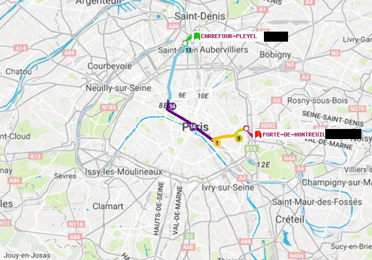 plan itinéraire ratp de Carrefour-Pleyel à Porte de Montreuil