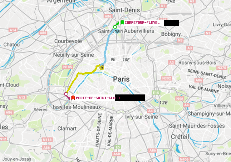 plan itinéraire ratp de Carrefour-Pleyel à Porte de Saint-Cloud