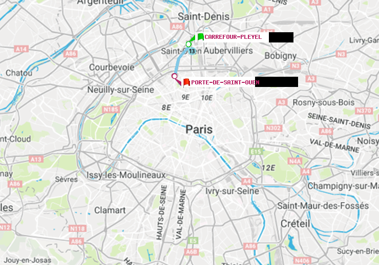 plan itinéraire ratp de Carrefour-Pleyel à Porte de Saint-Ouen