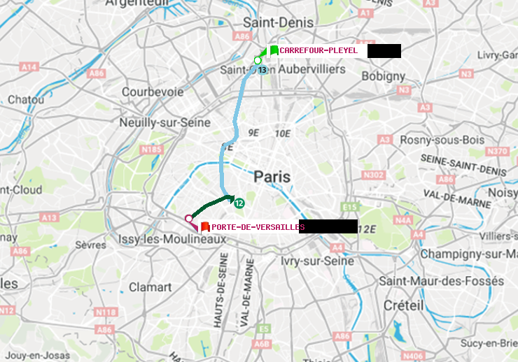 plan itinéraire ratp de Carrefour-Pleyel à Porte de Versailles