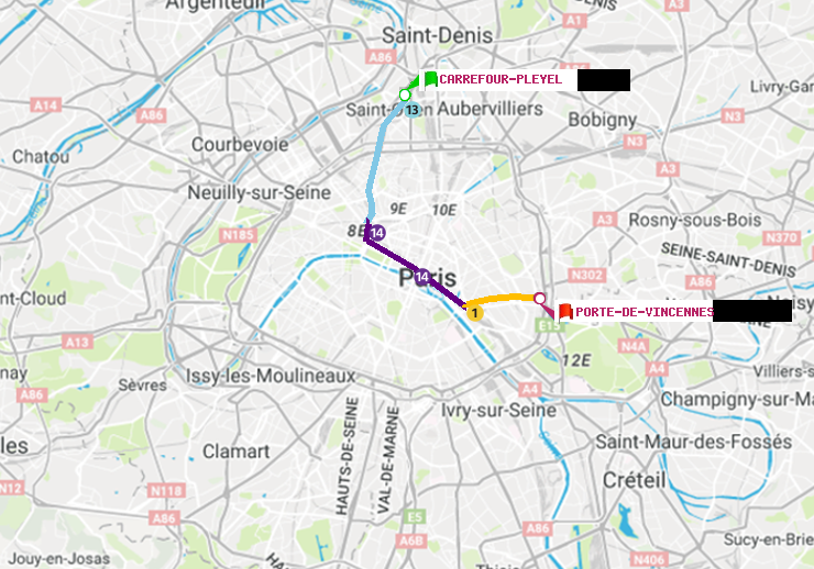 plan itinéraire ratp de Carrefour-Pleyel à Porte de Vincennes