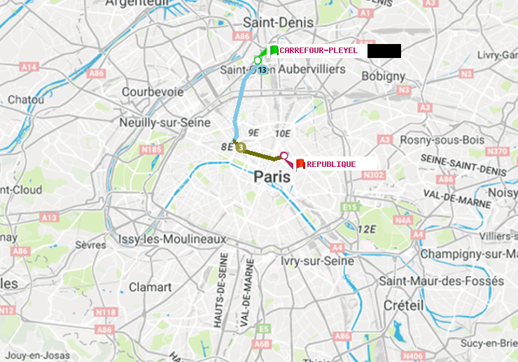 plan itinéraire ratp de Carrefour-Pleyel à République