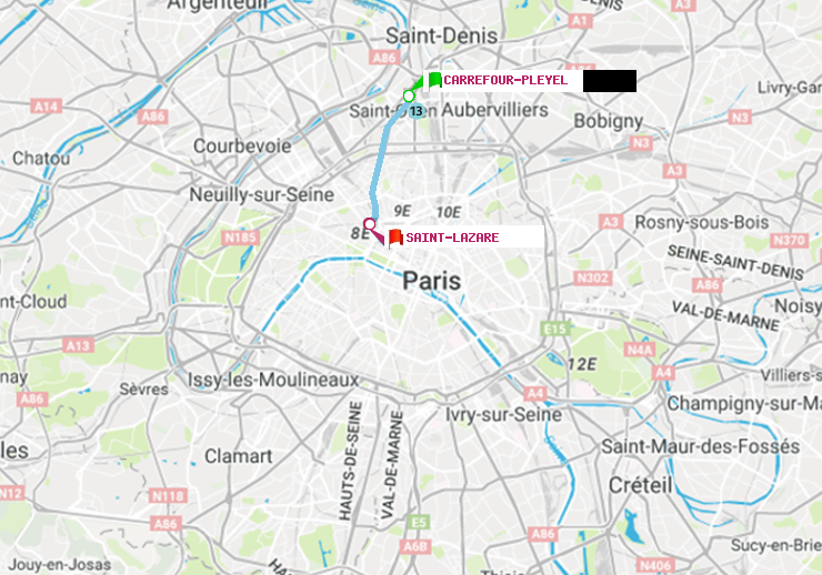 plan itinéraire ratp de Carrefour-Pleyel à Saint-Lazare