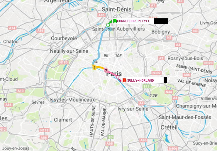 plan itinéraire ratp de Carrefour-Pleyel à Sully-Morland