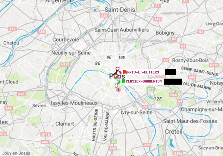 plan itinéraire ratp de Censier-Daubenton à Arts-et-Métiers