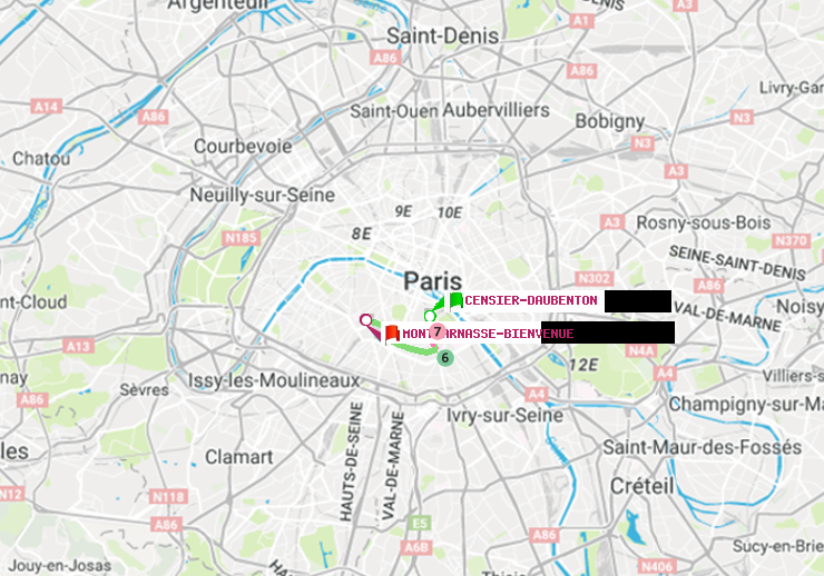 plan itinéraire ratp de Censier-Daubenton à Montparnasse-Bienvenue