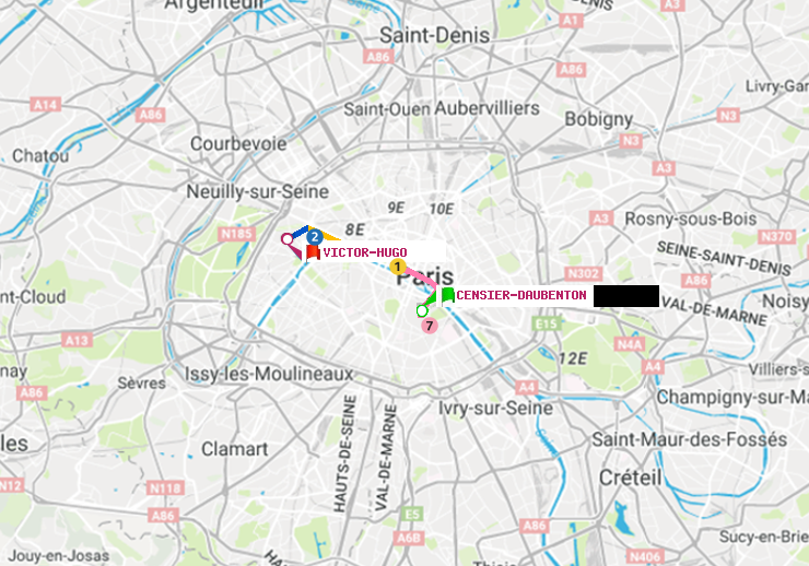 plan itinéraire ratp de Censier-Daubenton à Victor Hugo