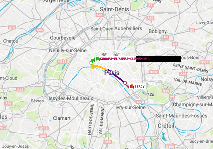 plan itinéraire ratp de Champs-Elysées-Clémenceau à Bercy