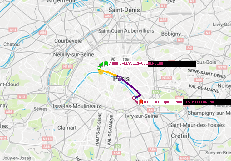 plan itinéraire ratp de Champs-Elysées-Clémenceau à Bibliotheque-Francois Mitterrand