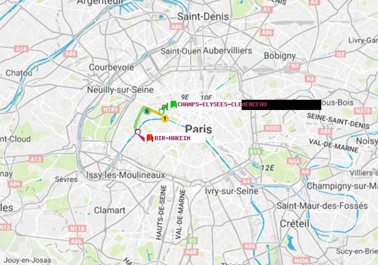 plan itinéraire ratp de Champs-Elysées-Clémenceau à Bir-Hakeim (Grenelle)