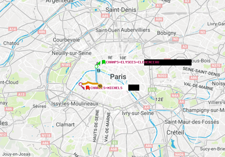 plan itinéraire ratp de Champs-Elysées-Clémenceau à Charles Michels