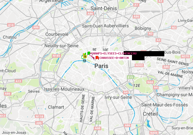 plan itinéraire ratp de Champs-Elysées-Clémenceau à Chaussée d