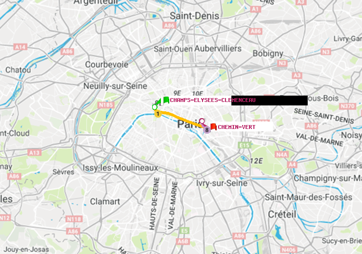 plan itinéraire ratp de Champs-Elysées-Clémenceau à Chemin Vert